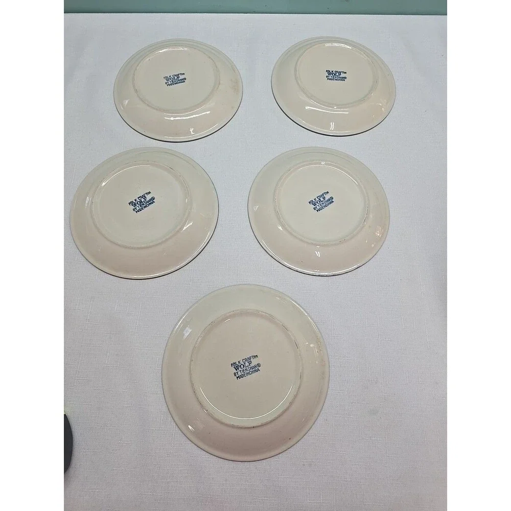Set of 5 VTG WOLF by TIENSHAN FOLK CRAFT 7 5/8' Salad Dessert Plates Blue**READ*